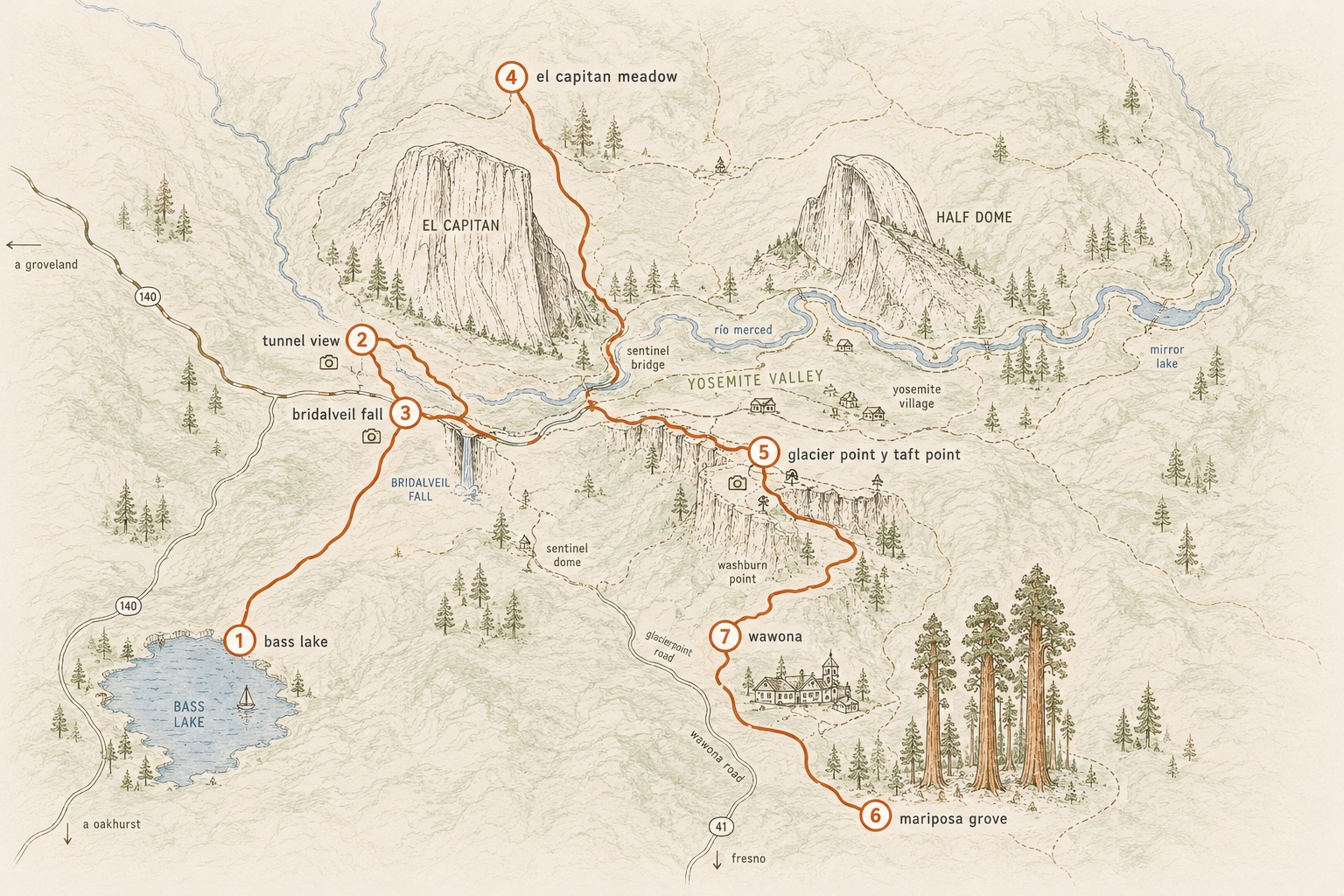 Mapa de la ruta de Yosemite